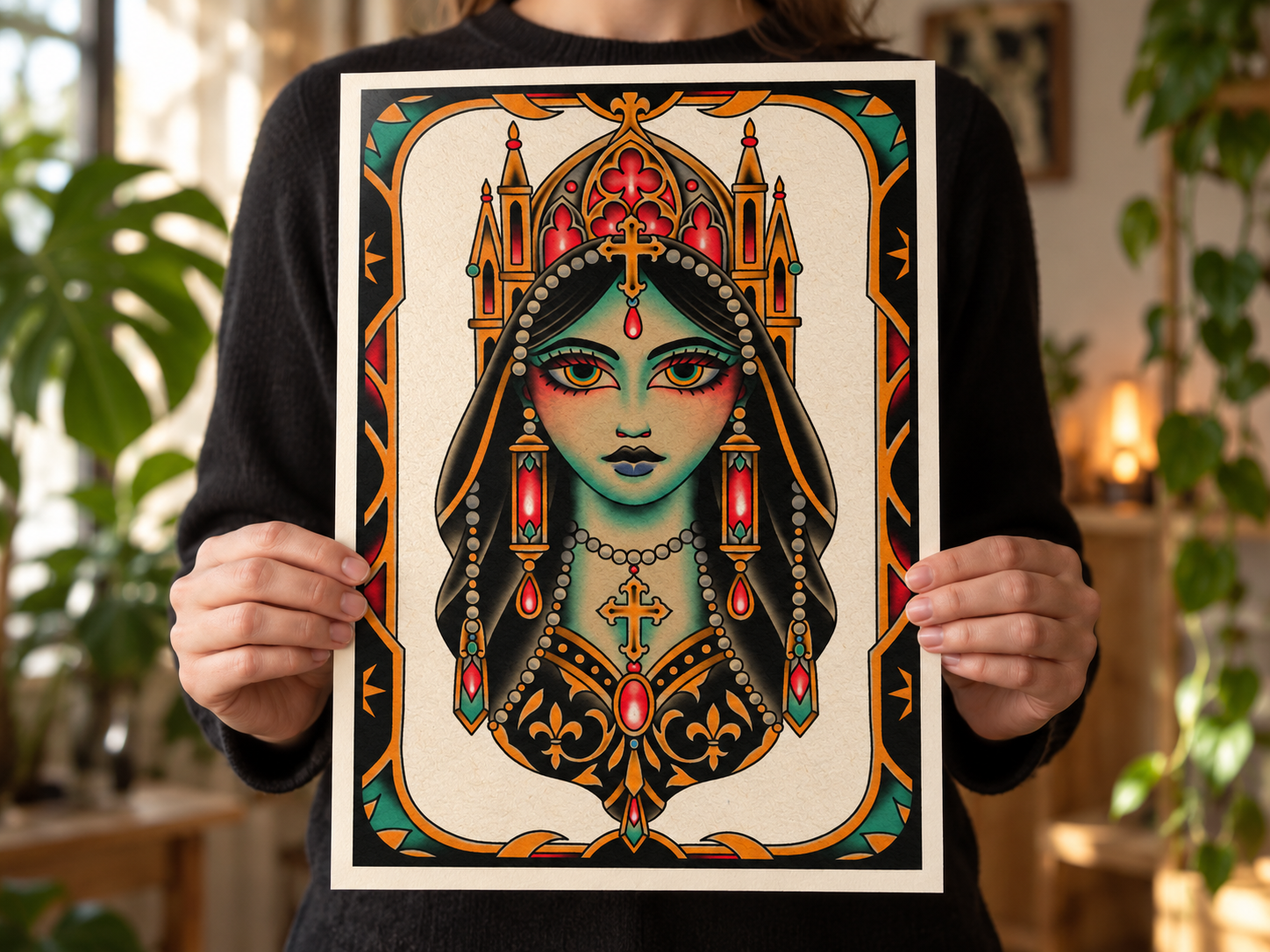 Mockup of a person holding Matt Pounder’s art print with softly blurred plants behind them