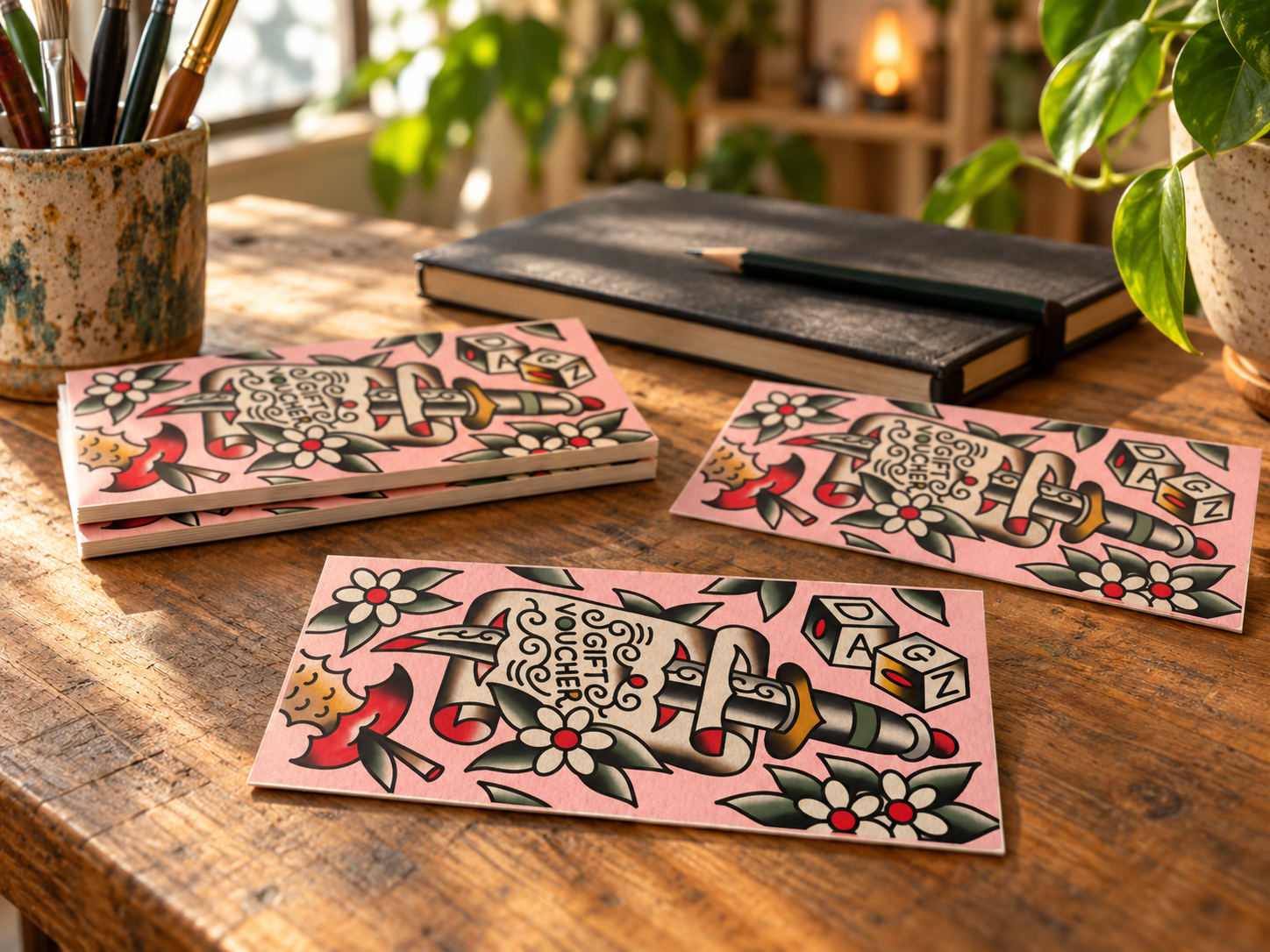 Mockup of pink Dagzden gift vouchers on a wooden table beside brushes, a sketchbook and plants