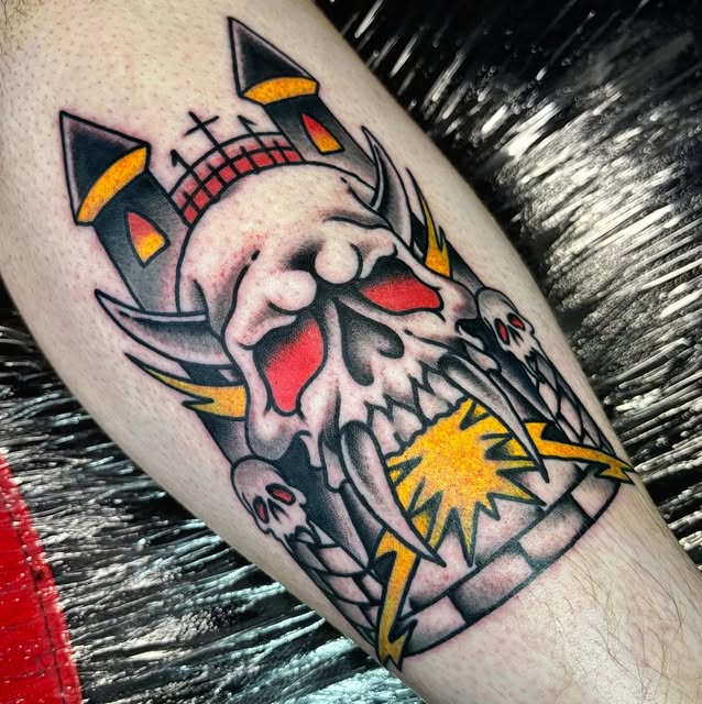 Colourful horned skull tattoo by Matt Pounder